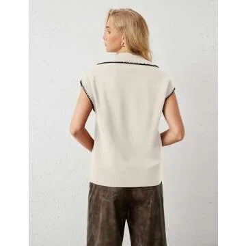 MISSACTIVER Women Casual Button Down Lapel Collar Sweater Vest Sleeveless Knit Loose Fit Stripe Trim Pullover Tank Tops(Large,Apricot)