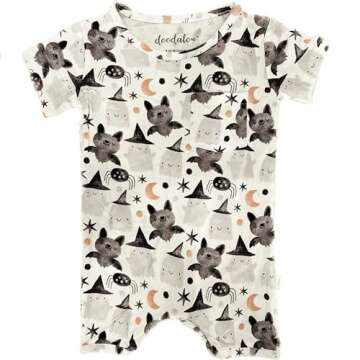 Doodalou Soft Bamboo Viscose Baby Romper, Short Sleeve with Shorts, Zipper Inseam Closure with Front Pocket Pacifier Clip (Squad Ghouls, 3 Months)