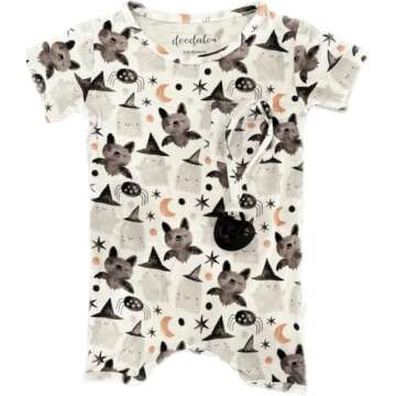 Doodalou Soft Bamboo Viscose Baby Romper, Short Sleeve with Shorts, Zipper Inseam Closure with Front Pocket Pacifier Clip (Squad Ghouls, 3 Months)