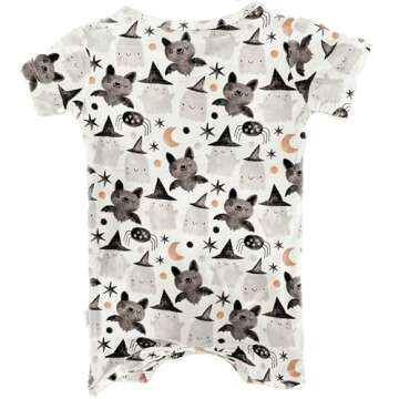 Doodalou Soft Bamboo Viscose Baby Romper, Short Sleeve with Shorts, Zipper Inseam Closure with Front Pocket Pacifier Clip (Squad Ghouls, 3 Months)