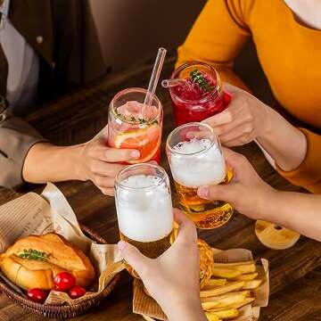 8 Pcs Drinking Glasses with Bamboo Lids and Glass Straw - 16 Oz Can Shaped Glass Cups Beer, Ice Coffee Glasses Cute Tumbler Cup Great for Soda Boba Tea Cocktail Include 2 Cleaning Brushes