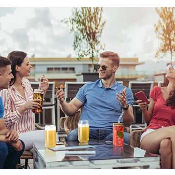 8 Pcs Drinking Glasses with Bamboo Lids and Glass Straw - 16 Oz Can Shaped Glass Cups Beer, Ice Coffee Glasses Cute Tumbler Cup Great for Soda Boba Tea Cocktail Include 2 Cleaning Brushes