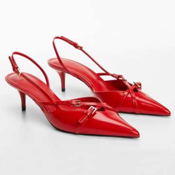 VOLEECE Women's Slingback Kitten Heels Buckle Strap Work Pumps Pointed Toe Slip On Comfortable Dress Shoes Red