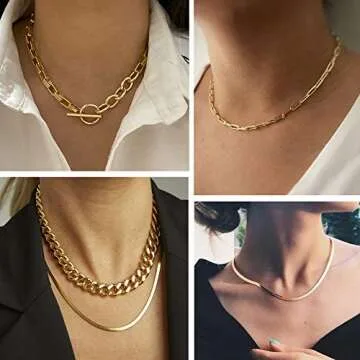 17 MILE Gold Chain Necklace and Bracelet Sets for Women Dainty Link Paperclip Choker Jewelry for Christmas Gifts (Gold)
