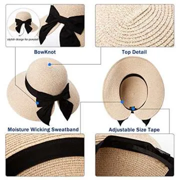 Large Women Summer Straw Sun Hat UPF 50+ Beach Accessory