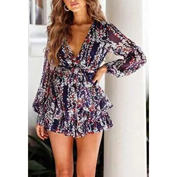 Stylish Fixmatti Women’s V Neck Floral Romper Mini Outfit