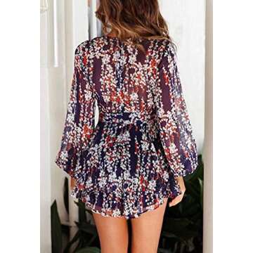 Fixmatti Womens V Neck Romper Short Boho Floral Printed Ruffle Playsuit Mini Outfits Dark Purple M
