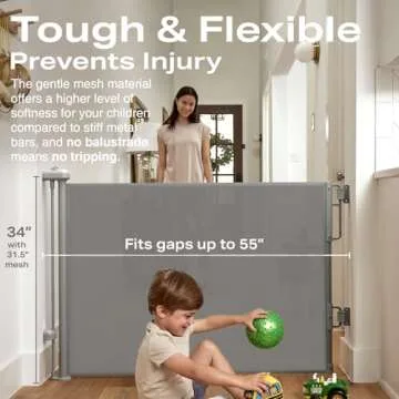 Cumbor 55" Wide Retractable Baby Gates for Doorways, Mom's Choice Award - Mesh Dog Gate for The House, One-Hand Opening Child Toddler Gates for Stairs, Pet Puppy Fence Indoor & Outdoor, Gray