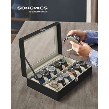 SONGMICS Watch Box, 12-Slot Watch Case with Large Glass Lid, Removable Watch Pillows, Watch Box Orga...