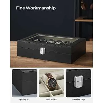 SONGMICS Watch Box, 12-Slot Watch Case with Large Glass Lid, Removable Watch Pillows, Watch Box Organizer, Gift for Loved Ones, Black Synthetic Leather, Greenish Beige Lining UJWB12BE