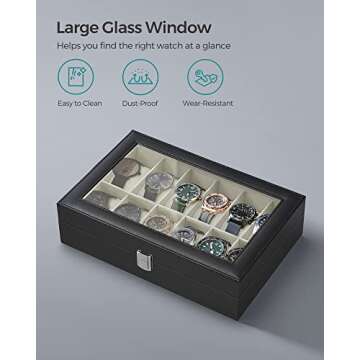 SONGMICS Watch Box, 12-Slot Watch Case with Large Glass Lid, Removable Watch Pillows, Watch Box Organizer, Gift for Loved Ones, Black Synthetic Leather, Greenish Beige Lining UJWB12BE