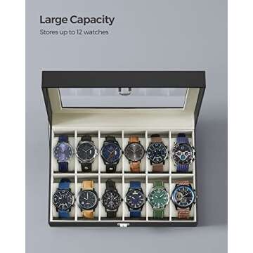 SONGMICS Watch Box, 12-Slot Watch Case with Large Glass Lid, Removable Watch Pillows, Watch Box Organizer, Gift for Loved Ones, Black Synthetic Leather, Greenish Beige Lining UJWB12BE