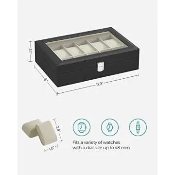 SONGMICS Watch Box, 12-Slot Watch Case with Large Glass Lid, Removable Watch Pillows, Watch Box Organizer, Gift for Loved Ones, Black Synthetic Leather, Greenish Beige Lining UJWB12BE