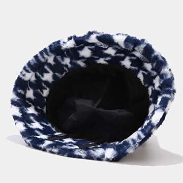 Dirholl Women's Winter Faux Fur Fuzzy Warm Bucket Hat - Houndstooth Blue