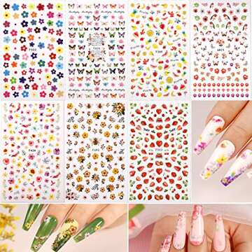 Teenitor 12 Sheets Nail Art Sticker 3D Self-Adhesive, Nail Art Decoration with 5 Boxes Holographic Nail Art Glitter Flakes Butterfly Heart Star Maple Leaf Nail Sequins and Nail Art Flower Slices