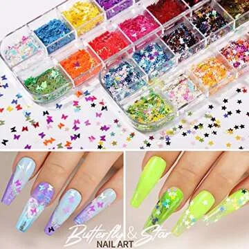 Teenitor 12 Sheets Nail Art Sticker 3D Self-Adhesive, Nail Art Decoration with 5 Boxes Holographic Nail Art Glitter Flakes Butterfly Heart Star Maple Leaf Nail Sequins and Nail Art Flower Slices