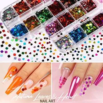 Teenitor 12 Sheets Nail Art Sticker 3D Self-Adhesive, Nail Art Decoration with 5 Boxes Holographic Nail Art Glitter Flakes Butterfly Heart Star Maple Leaf Nail Sequins and Nail Art Flower Slices