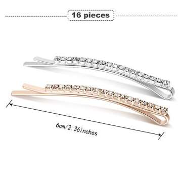 TecUnite 16 Pcs Rhinestone Bobby Pins Bling Decorative Hair Pins Metal Diamond Clear Crystal Fancy Hair Clips Barrette Accessories for Women Bridal Wedding Party Daily, 2.36 Inch(Silver, Rose Gold)