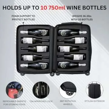 Wine Bottle Suitcase | Holds 10 Standard 750 ML Size Bottles | Universal Airplane Luggage Case, TSA Approved Wheeled Bag For Professionals and Consumers, Gift For Wine Lovers & Connoisseurs (24 IN)