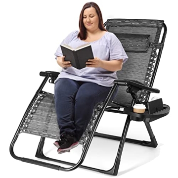 Fitnessclub Zero Gravity Chair, 350LBS Capacity Heavy Duty Folding Lounge Chairs with Cup Holder Tra...