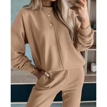 BTFBM 2024 Women 2 Piece Outfits Long Sleeve Pullover Jogger Pants Lounge Sets Thick Fall Winter Sweatsuits Tracksuit(Solid Khaki, Large)