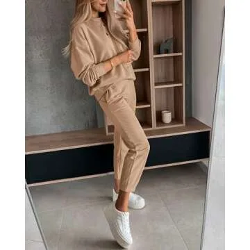 BTFBM 2024 Women 2 Piece Outfits Long Sleeve Pullover Jogger Pants Lounge Sets Thick Fall Winter Sweatsuits Tracksuit(Solid Khaki, Large)