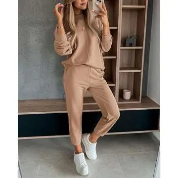 BTFBM 2024 Women 2 Piece Outfits Long Sleeve Pullover Jogger Pants Lounge Sets Thick Fall Winter Sweatsuits Tracksuit(Solid Khaki, Large)