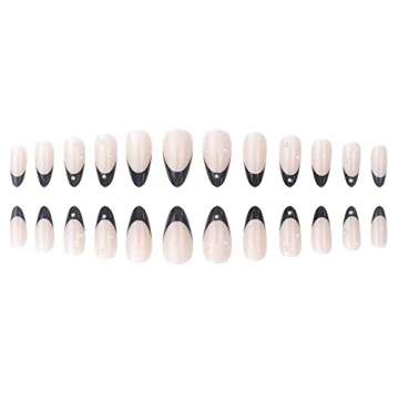 YoYoee Almond Fake Nails Cute Black Press on Nails Tips French Short False Nails Pearl Full Cover St...