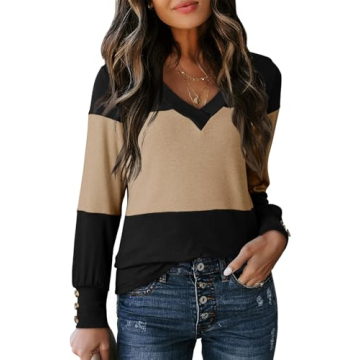 Dokotoo Women's Fall 2024 V Neck Color Block Blouses