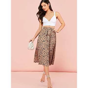 Floerns Women's Floral Printed Elastic Waist A Line Pleated Ruffle Midi Skirt Brown DotsXS