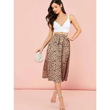 Floerns Women's Floral Printed Elastic Waist A Line Pleated Ruffle Midi Skirt Brown DotsXS