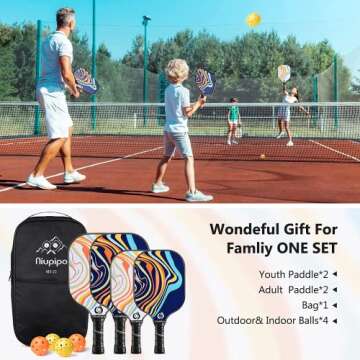 Niupipo Pickleball Paddles, Parent, Child Pickleball Set, USAPA Approved Pickleball Paddles 4 Pack, 4 Balls, 1 Pickleball Bag, Fiberglass, Lightweight Pickleball Paddle