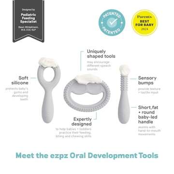 ezpz Oral Development Tools - 3 Months+ (3 Pack in Pewter) - Non-Slip Loop, Smile and Stick, 100% Si...