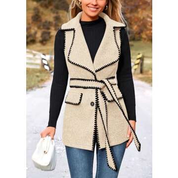 PRETTYGARDEN Women's 2025 Tweed Vest Jackets Sleeveless Lapel Button Front Belt Color Block Winter Cardigan Outerwear (Apricot,Medium)