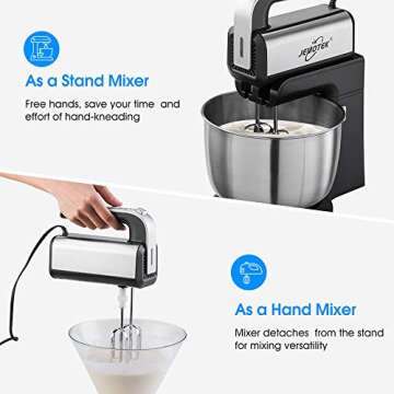 Stand Mixer, 5 Speeds Electric Mixer 2 in 1 Hand Mixer with 4 Quarts Stainless Steel Mixing Bowl, Beaters & Dough Hooks (Balck-Stand Mixer)