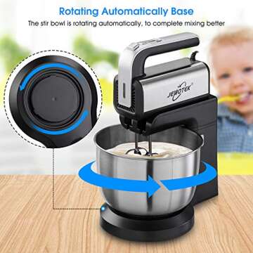 Stand Mixer, 5 Speeds Electric Mixer 2 in 1 Hand Mixer with 4 Quarts Stainless Steel Mixing Bowl, Beaters & Dough Hooks (Balck-Stand Mixer)