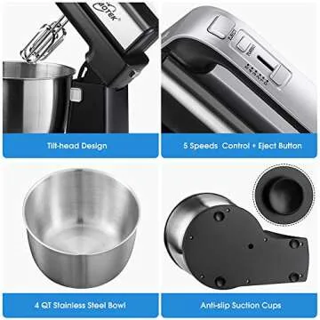 Stand Mixer, 5 Speeds Electric Mixer 2 in 1 Hand Mixer with 4 Quarts Stainless Steel Mixing Bowl, Beaters & Dough Hooks (Balck-Stand Mixer)