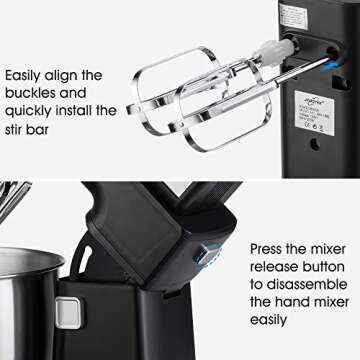 Stand Mixer, 5 Speeds Electric Mixer 2 in 1 Hand Mixer with 4 Quarts Stainless Steel Mixing Bowl, Beaters & Dough Hooks (Balck-Stand Mixer)