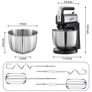 Stand Mixer, 5 Speeds Electric Mixer 2 in 1 Hand Mixer with 4 Quarts Stainless Steel Mixing Bowl, Beaters & Dough Hooks (Balck-Stand Mixer)