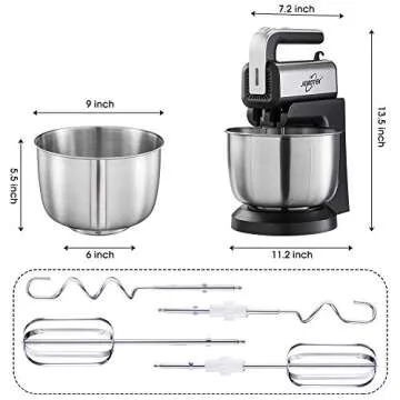 Stand Mixer, 5 Speeds Electric Mixer 2 in 1 Hand Mixer with 4 Quarts Stainless Steel Mixing Bowl, Beaters & Dough Hooks (Balck-Stand Mixer)