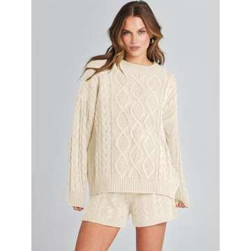 ANRABESS Women 2 Piece Outfits Sweater Lounge Loungewear Sets Fall Cable Knit Oversized Sweaters Short Pants Matching Sets Beige X-Large