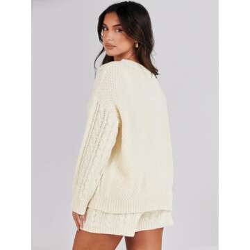 ANRABESS Women 2 Piece Outfits Sweater Lounge Loungewear Sets Fall Cable Knit Oversized Sweaters Short Pants Matching Sets Beige X-Large