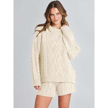 ANRABESS Women 2 Piece Outfits Sweater Lounge Loungewear Sets Fall Cable Knit Oversized Sweaters Short Pants Matching Sets Beige X-Large