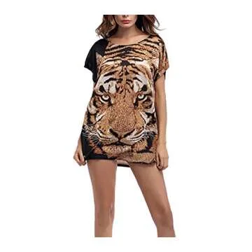 Cinyifaan Womens Fashion Round Neck Short Sleeve Tiger Print T Shirt Blouse Tops