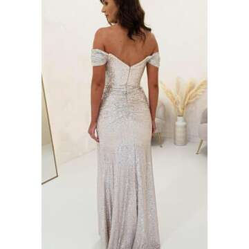 Sequin Mermaid Prom Dress Ball Gown for Women Long Off The Shoulder Formal Dress with Slit Evening P...