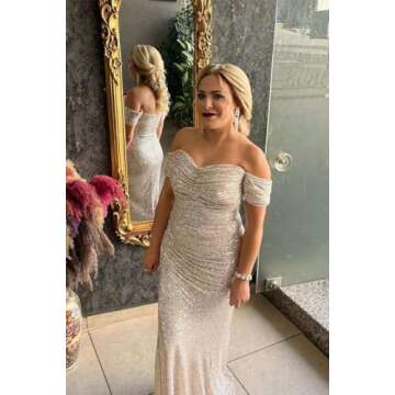 Sequin Mermaid Prom Dress Ball Gown for Women Long Off The Shoulder Formal Dress with Slit Evening Party Gown Black Size 4