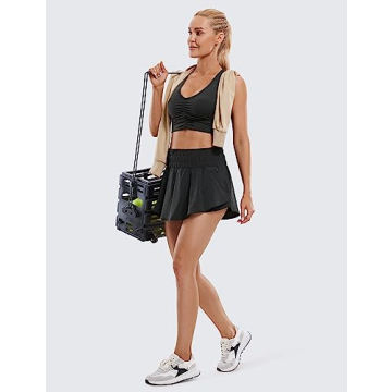 CRZ YOGA Athletic Shorts for Women High Waisted Flowy Ruffle Skirt Overlay Workout Running Tennis Shorts Zip Pocket Black Medium