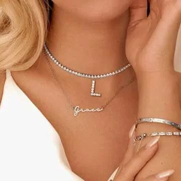 Initial A Necklaces for Women 14K White Gold Plated Cubic Zirconia Choker Silver Tennis Chain Letter Necklace Gift
