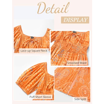 Meetrendi Women's 2024 Spring Summer Boho Floral Midi Dress Square Neck Puff Short Sleeve Casual Split Beach Long Dress Orange