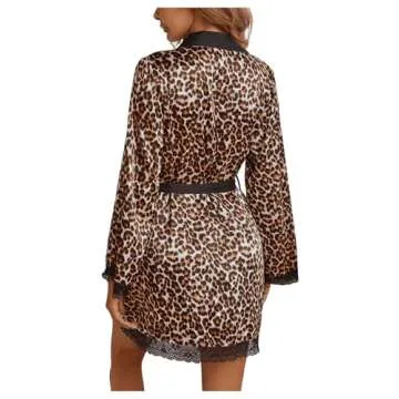 WDIRARA Women's Satin Leopard Print Lace Trim Long Sleeve Belted Night Robe Multicolored M